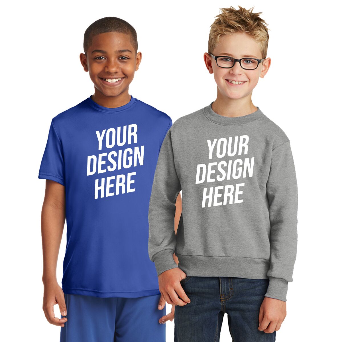 custom youth apparel with vibrant prints, personalized kids' t-shirts and sweatshirts, youth-sized branded clothing for teams or events